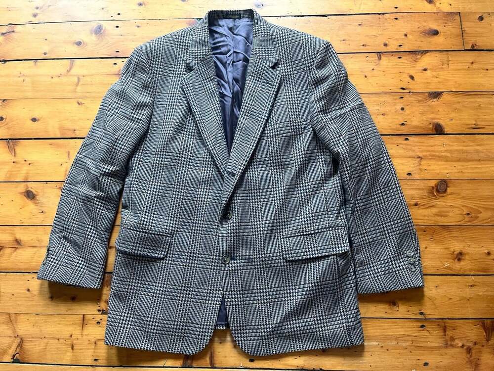 Eddie Bauer Glen Plaid Wool Blazer Jacket Gray Brown Vintage Made in USA 46L